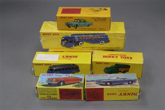 Seven Dinky Toys Atlas Editions models of French cars, buses and a tanker, 511, 528, 25Q, 29D, 29E, 32CB and 549